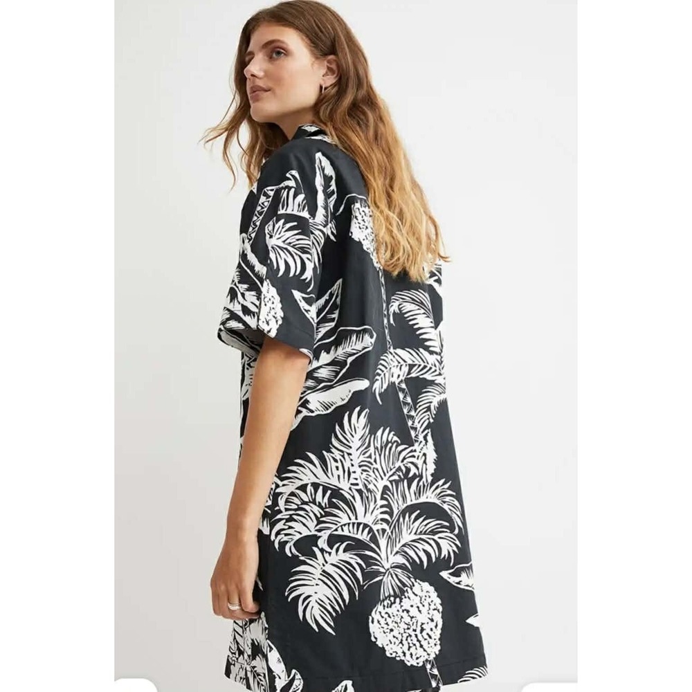 HM Womens Black White Tropical Palm‎ Tree Pineapple Kaftan Tunic Shift Dress